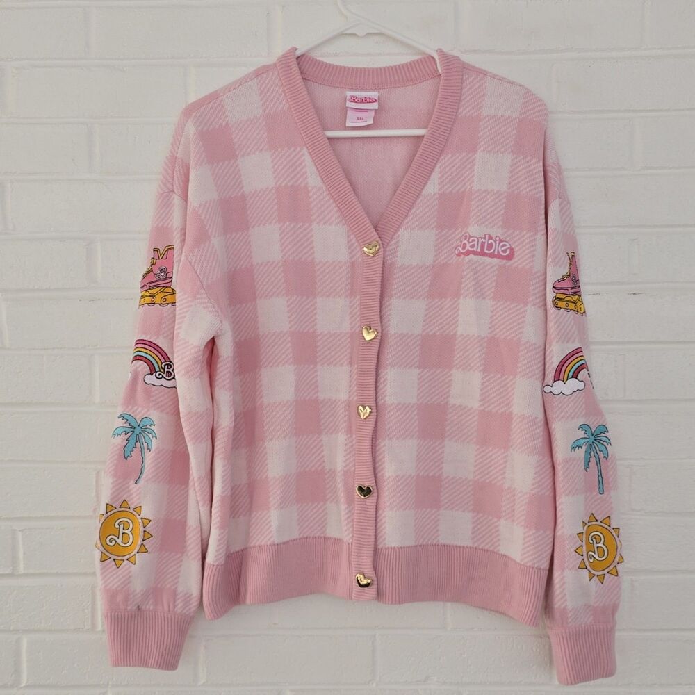 Barbie Pink Check Knit Cardigan Sweater V-Neck Long Sleeve Acrylic LG